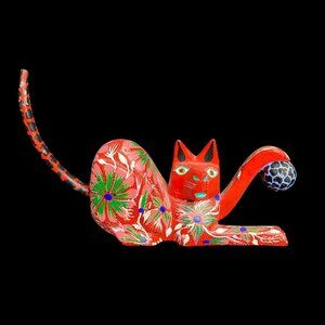 Oaxacan Alabrije Cat Figurine Handmade Mexican Folk Art Red Floral 8x4Playful
